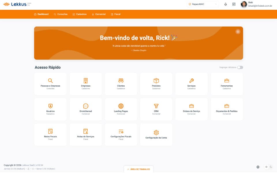 Painel do Lekkus ERP mostrando o acesso rápido aos módulos